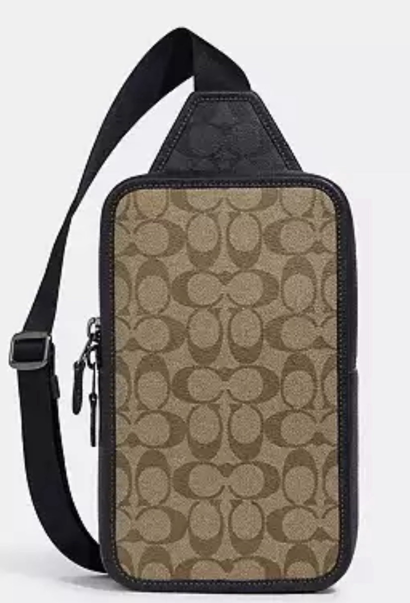 Coach Men’s Khaki Charcoal Black Crossbody Sling Bag Adjustable Zip Signature