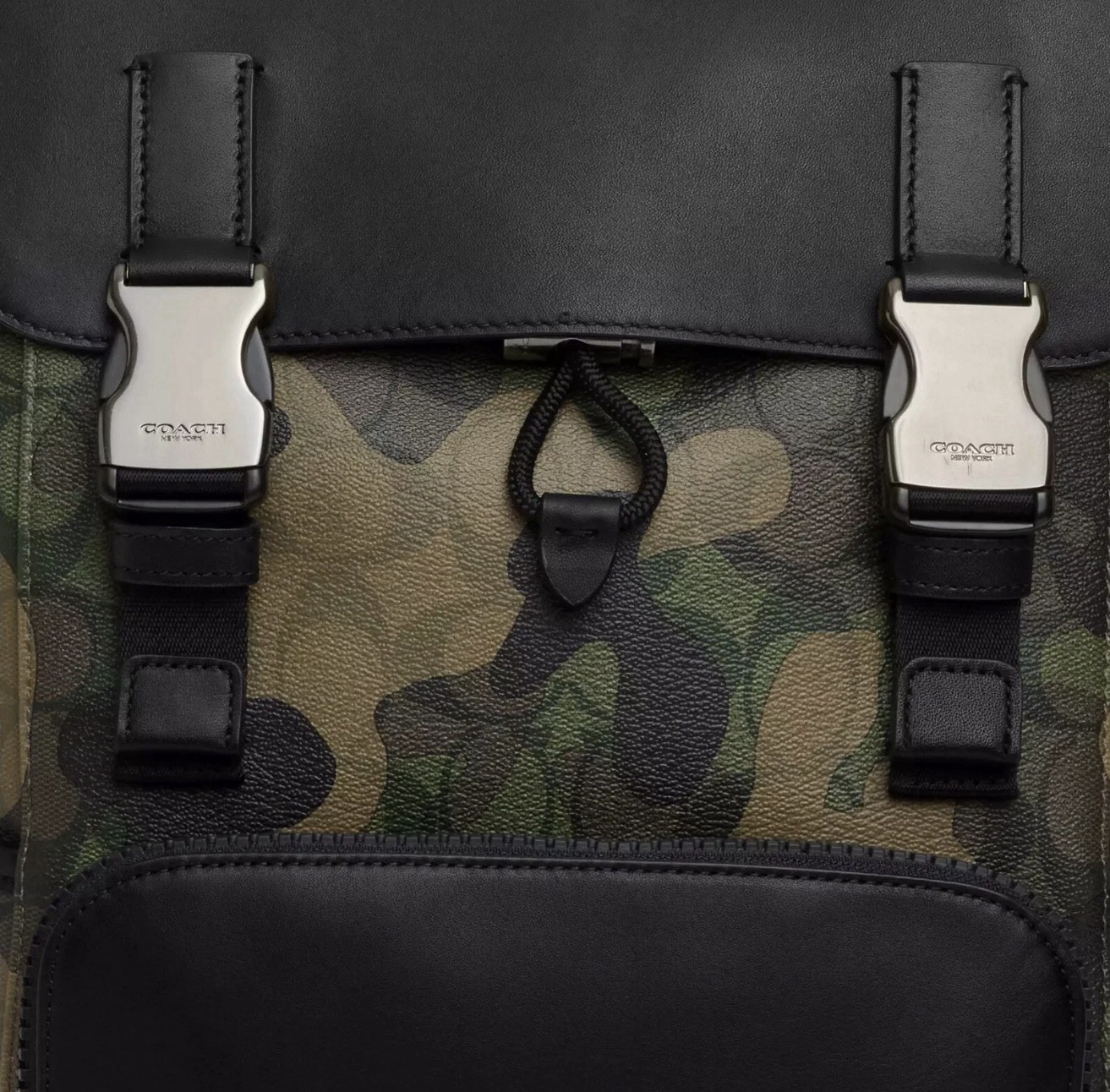 Coach Camouflage Backpack Green/Black Drawstring Zip Buckle, Adjustable Strap