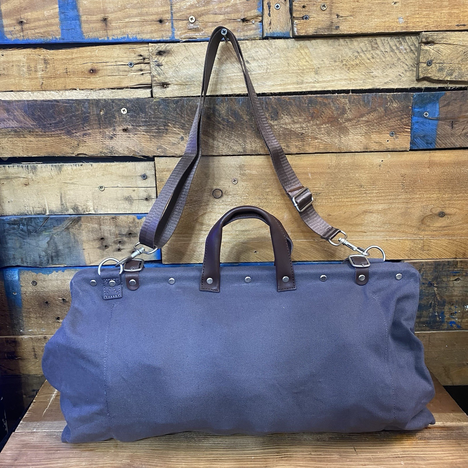Line Of Trade Blue Weekender Bag 0312 Canvas Duffle Leather Trim Travel Tote 22”