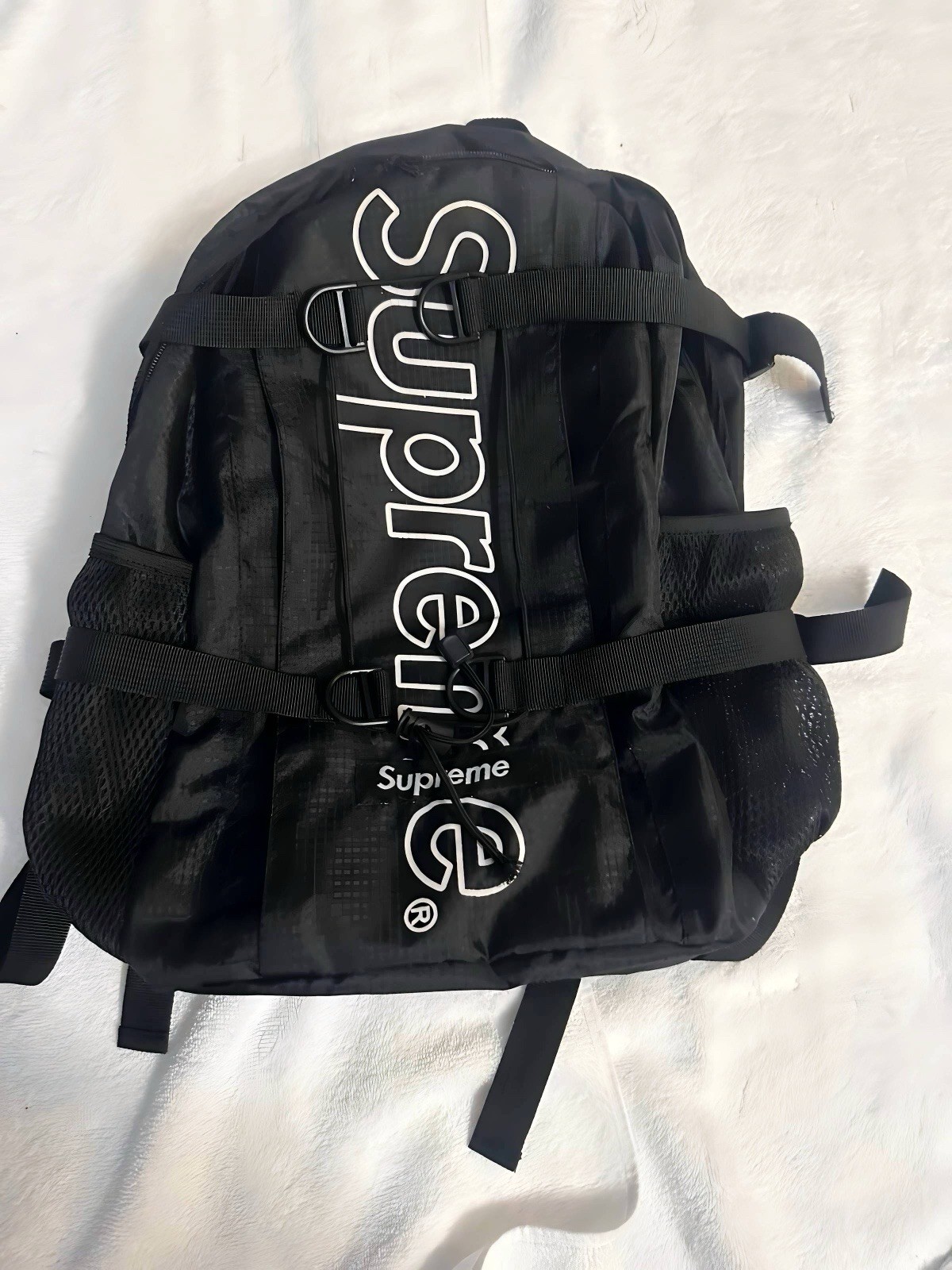 Supreme Black Backpack w/ Drawstring, Mesh Pockets, Adjustable Shoulder Straps
