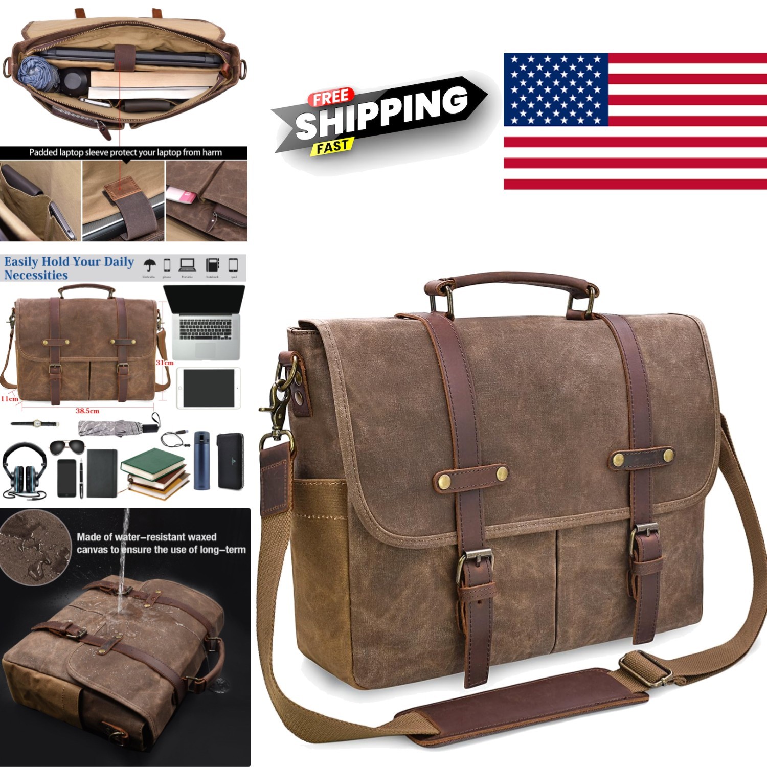 Large Vintage Leather Laptop Bag 15.6 Inch Waterproof Durable Design for Men