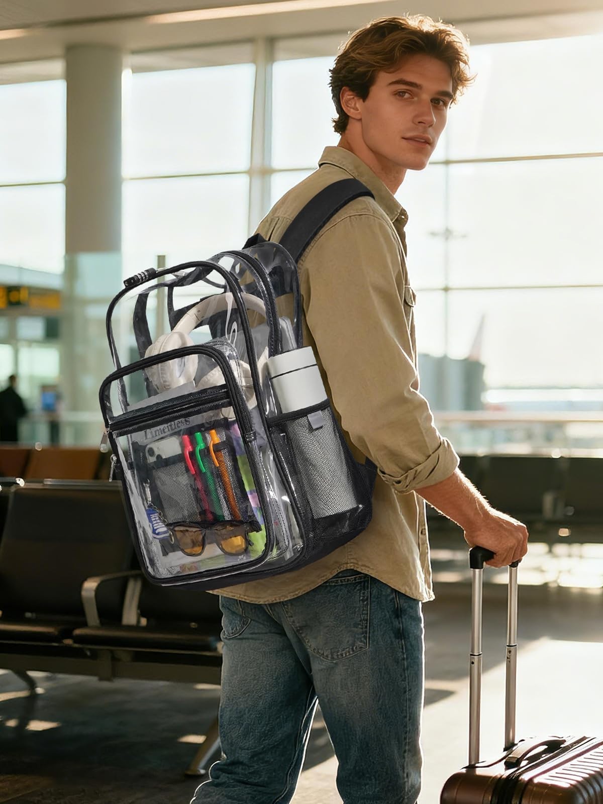 Heavy Duty Clear Backpack with TSA Lock – 18″ Transparent Bookbag for College, T