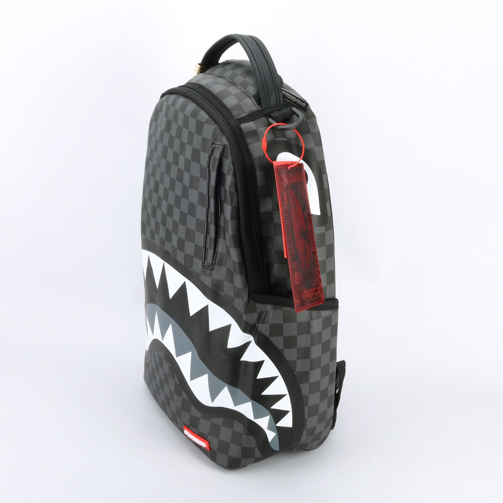 Sprayground Shark Lights Out Effect Leather Backpack Unisex Plaid Black Gray