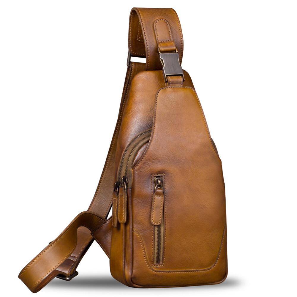 Genuine Leather Vintage Men Sling Bag Real Leather Crossbody Bag Chest Purses