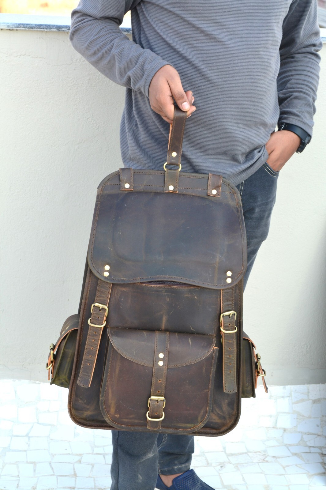 Leather Backpack for Men Handmade 21 inch Laptop Shoulder Office Brown Rucksack