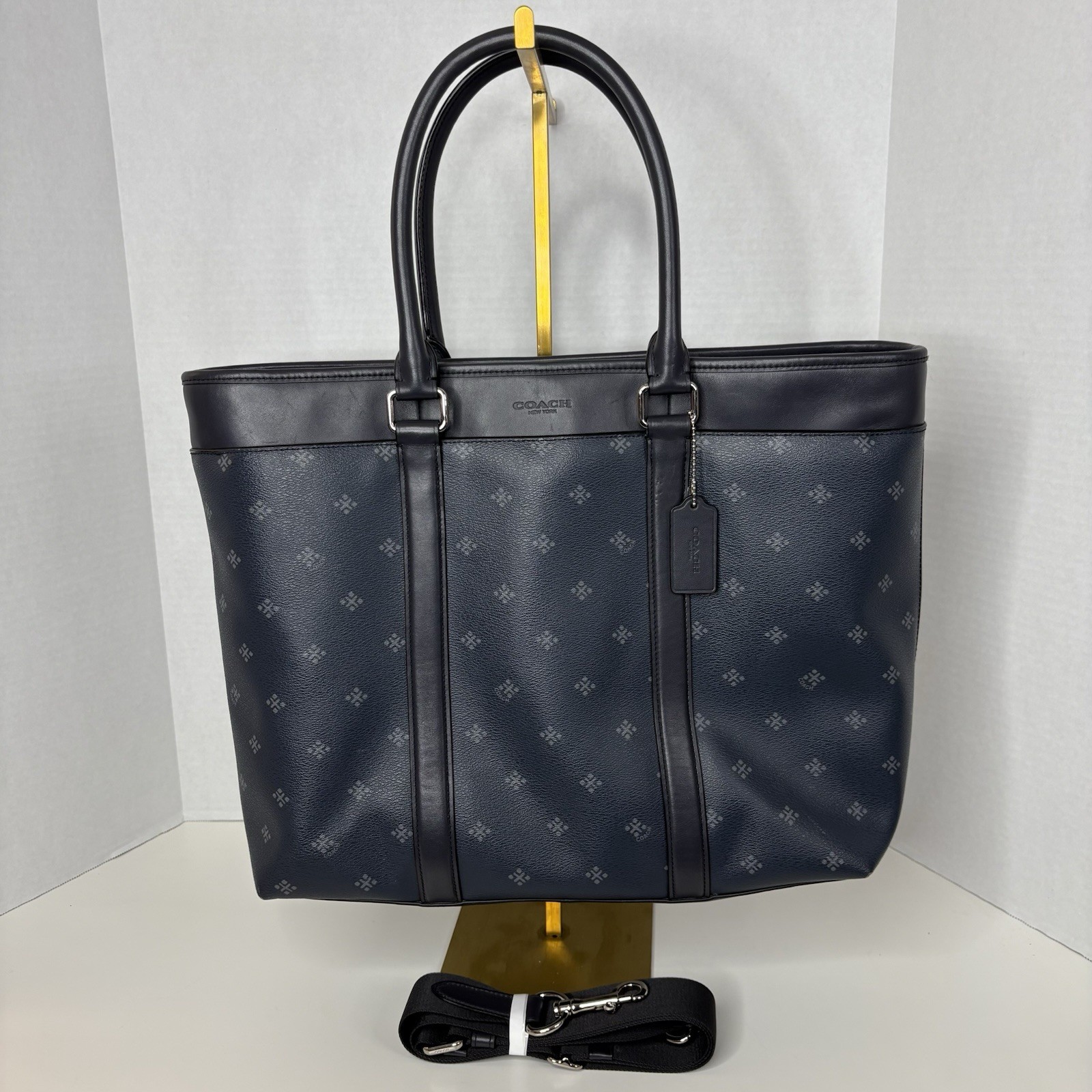 Coach Perry Business Tote Bag Navy Diamond Print Coated Canvas & Leather w/Strap