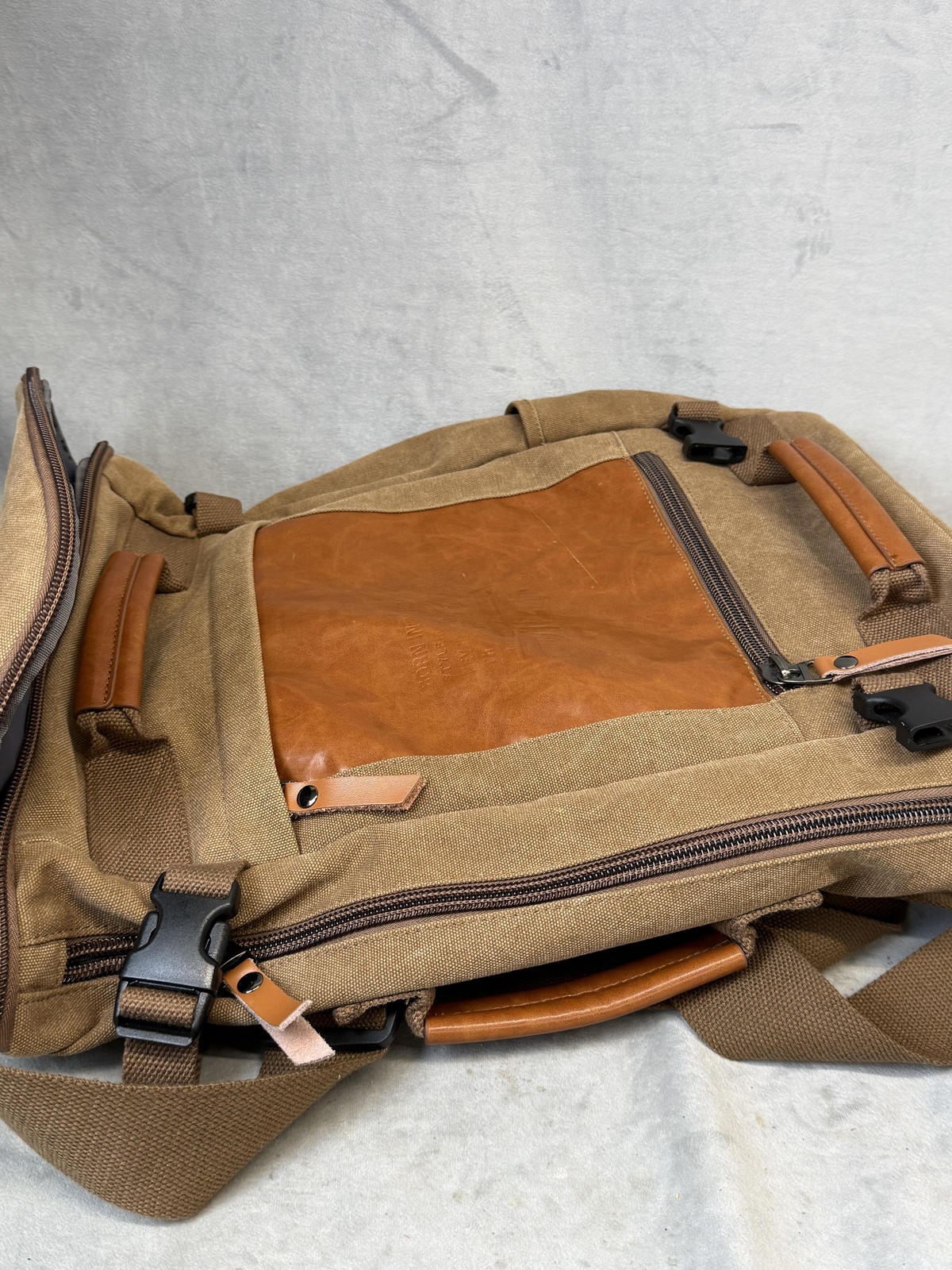 Witzman Backpack Mens Large Brown Canvas Faux Leather Convertible Travel Bag