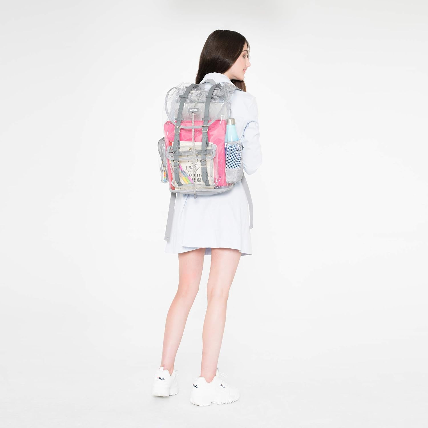 Heavy Duty Clear Backpack V2 Durable Transparent See through Bag (Gray, Large Ru