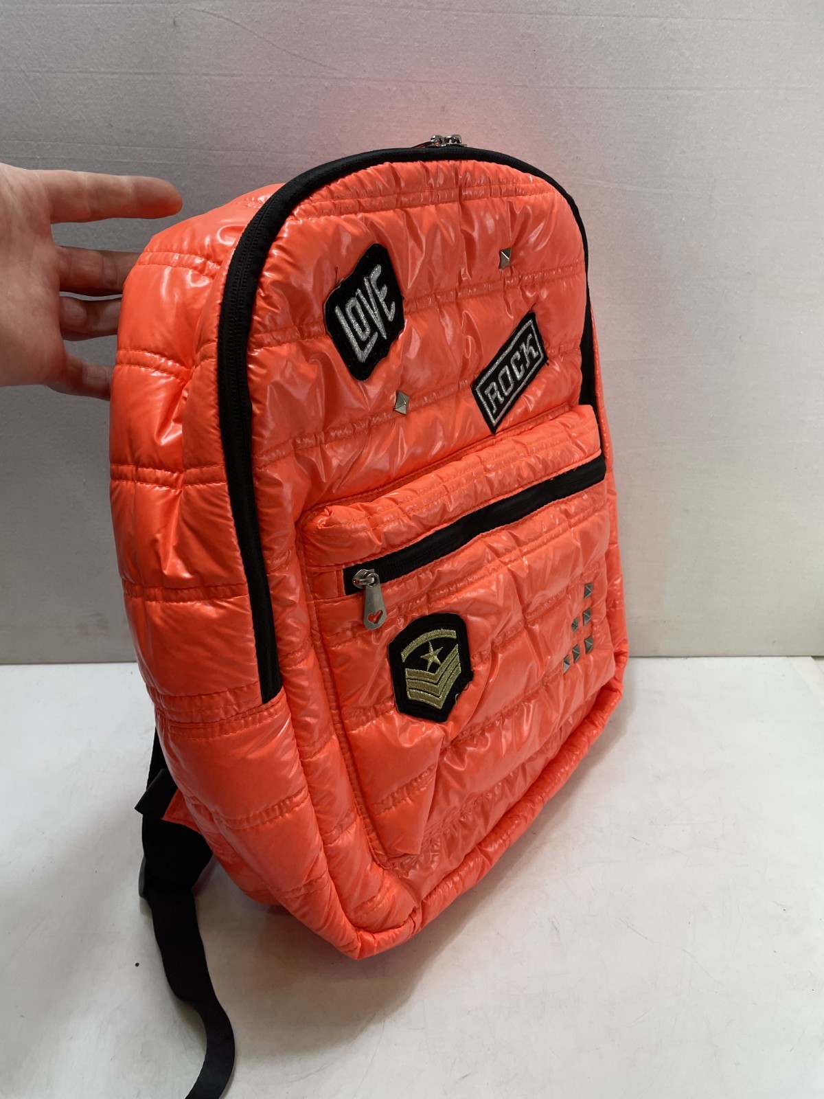 Triple Gear Quilted Backpack Orange Lightweight Synthetic Fabric Love Rock Patch