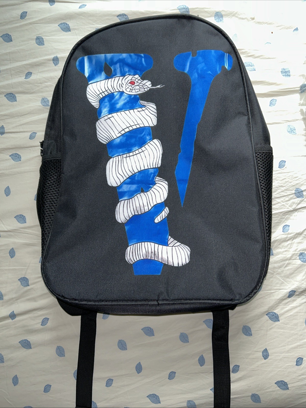 VLone Black Backpack Blue V with White Snake Red Eyes
