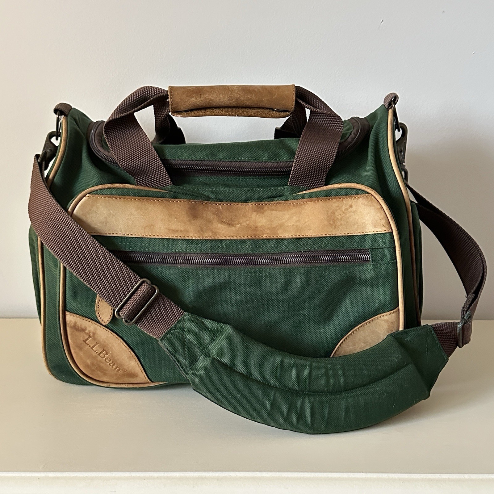 Vintage 90s L.L. Bean Canvas Carry On Bag Green Leather Trim Duffle *FLAW*