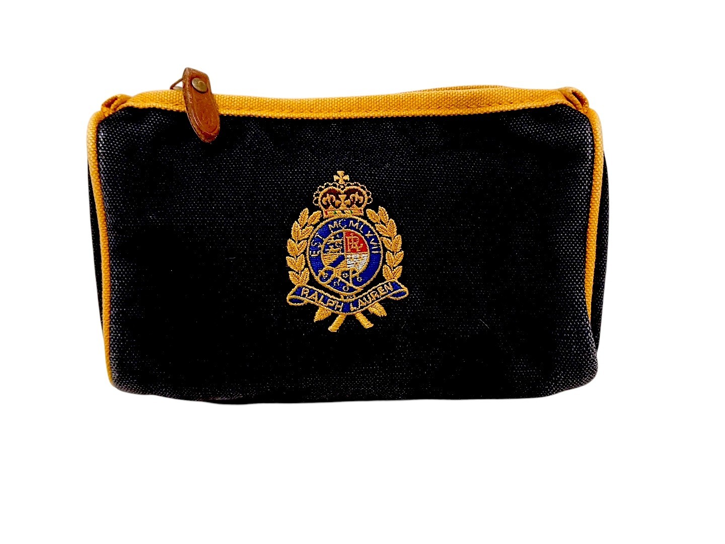 Vintage Ralph Lauren Zip Clutch Cosmetic Bag Gold Crest 7” Black Gold Embroidery