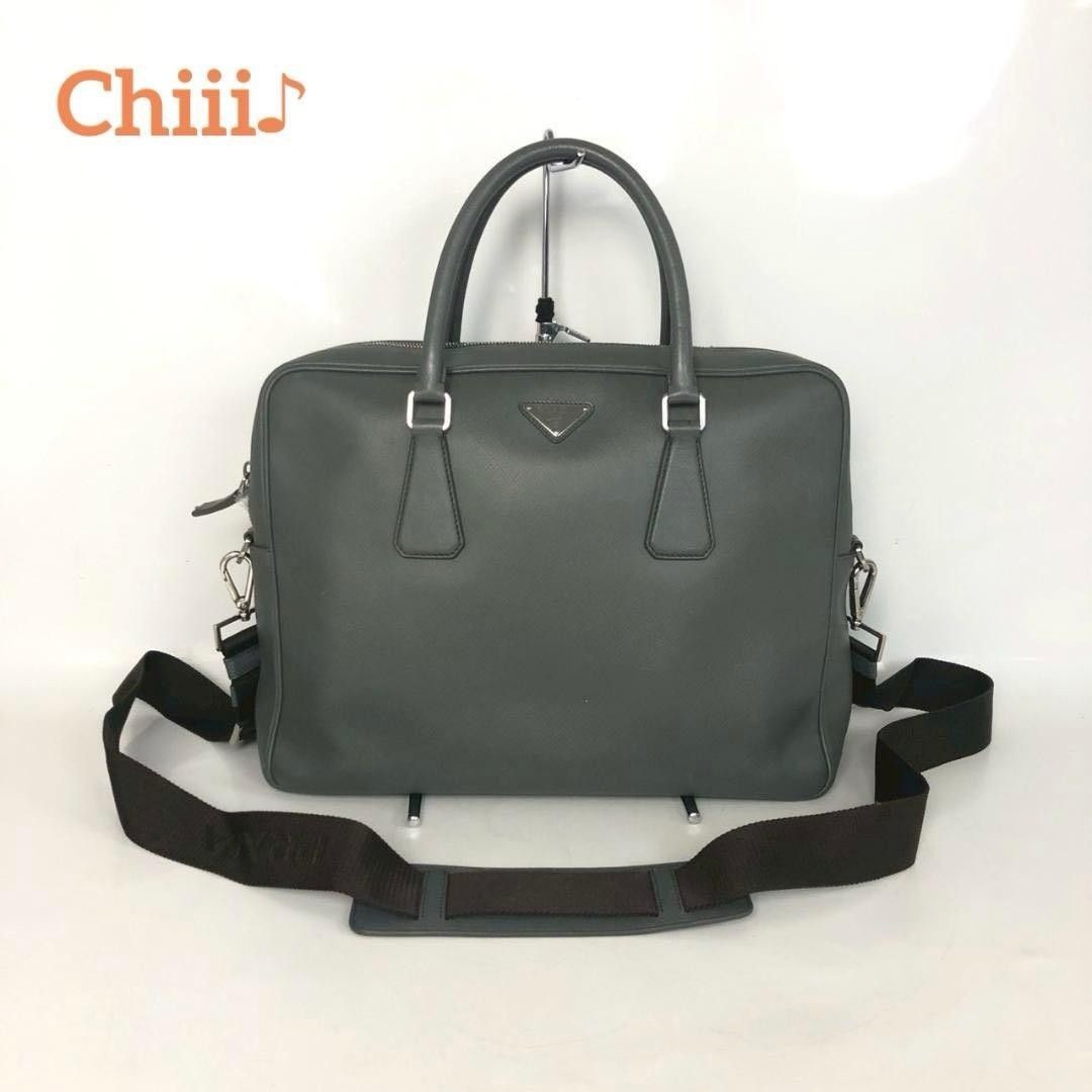 PRADA Saffiano Briefcase Business Bag Leather Tote Messenger Shoulder Bag Gray