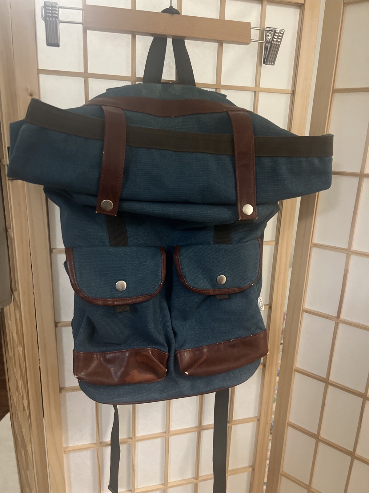 Hawkings McGill Backpack Hipster Roll-Top Snap Buttons Canvas Blue Bag Pack