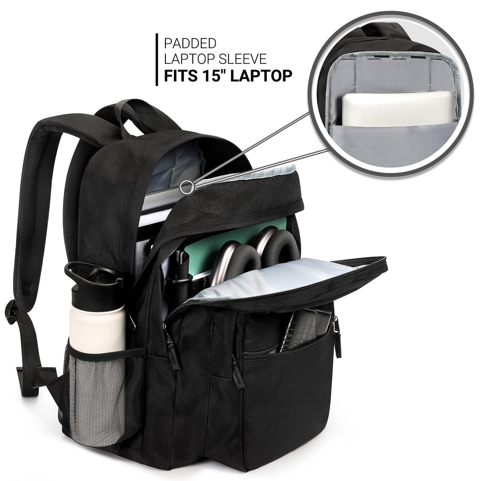 26L Black Backpack for School, College, and Travel: Water Resistant Bookbag with