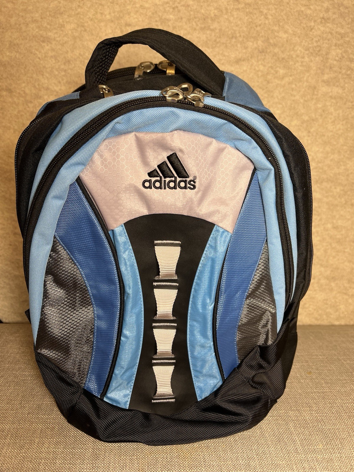 Adidas Ridgemont LoadSpring Backpack Black Blue & White 4 Zipper Compartments