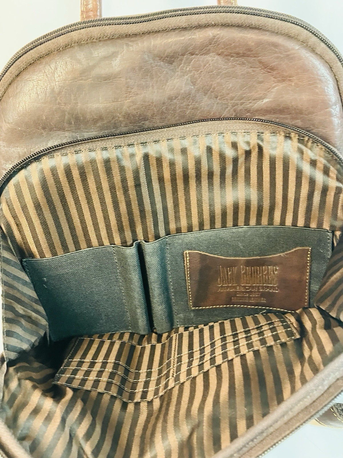 Jack Georges Voyager Backpack Hand Stained Buffalo Leather Brown Adjustable Stra