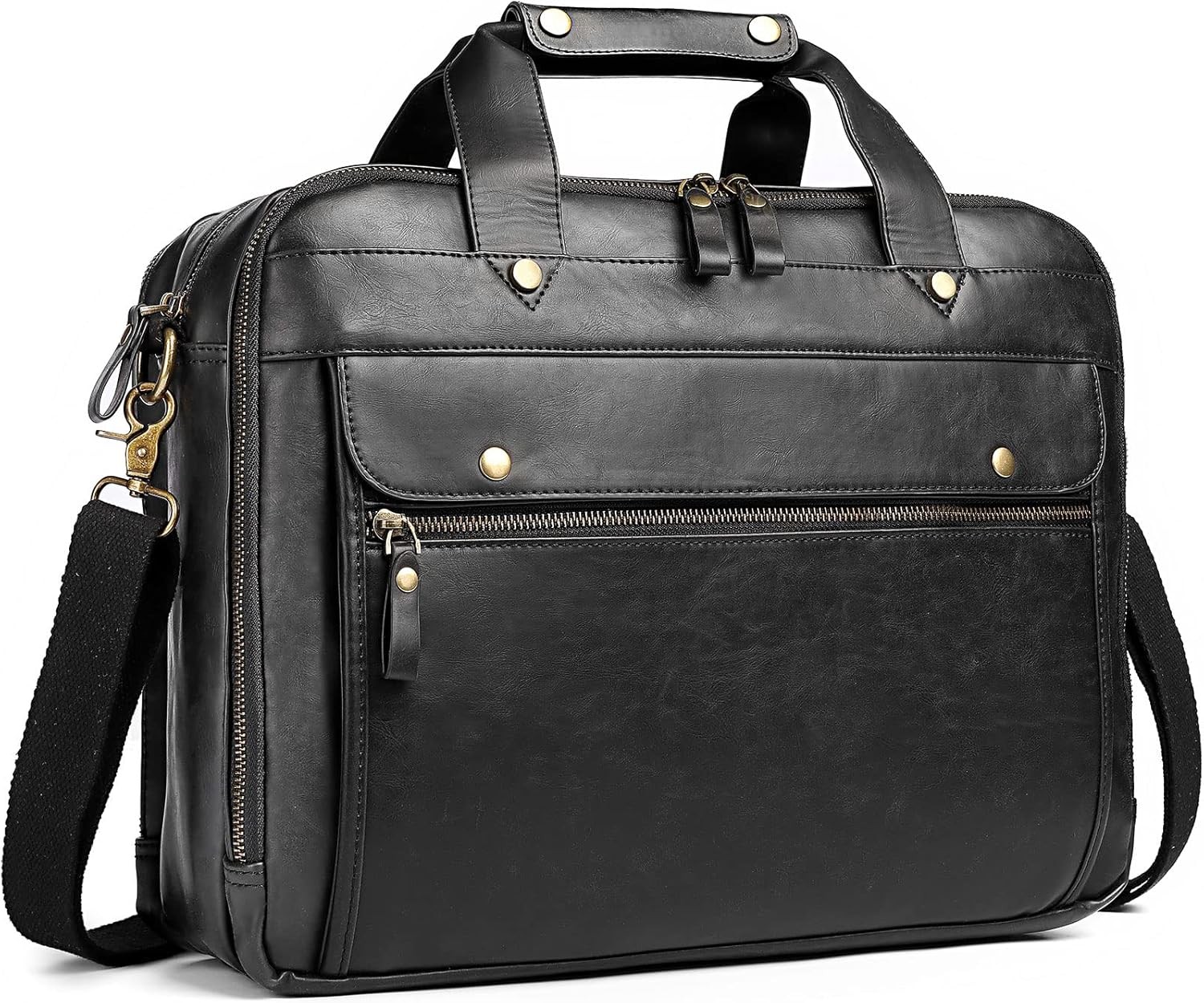 Leather Briefcases for Men 15.6 Inch Laptop Messenger Bag with Triple Black