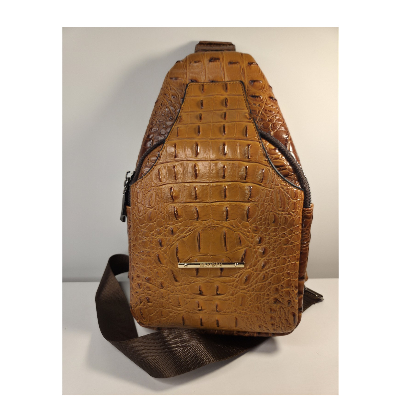 Brahmin Brown Croc Pattern Sling Bag Zip Closure Adjustable Shoulder Strap