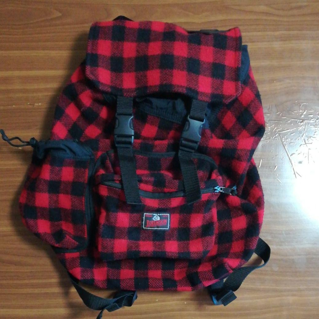 JOHNSON Backpack Made in USA Red Black Check Wool 43cm x 37cm