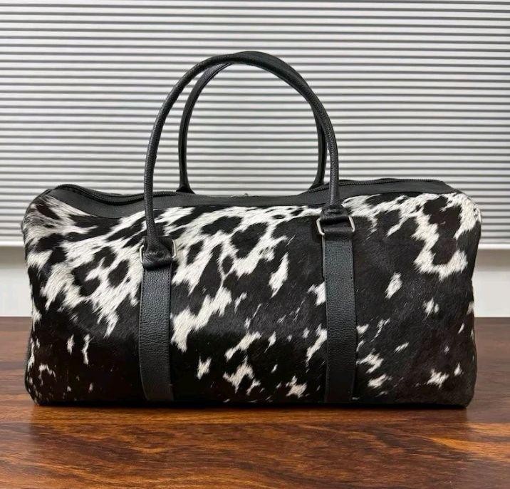 Hair On Cowhide Duffle Bag Handmade Leather Weekender Travel Gym Bag Black White
