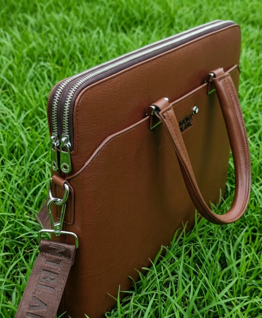 Montblanc Brown Color Leather Briefcase Laptop Bag | Adjustable Strap |Star Logo