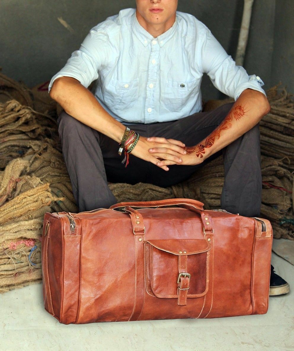 Men’s Brown Vintage Genuine Leather Goathide Travel Luggage Duffel Gym Tote Bag