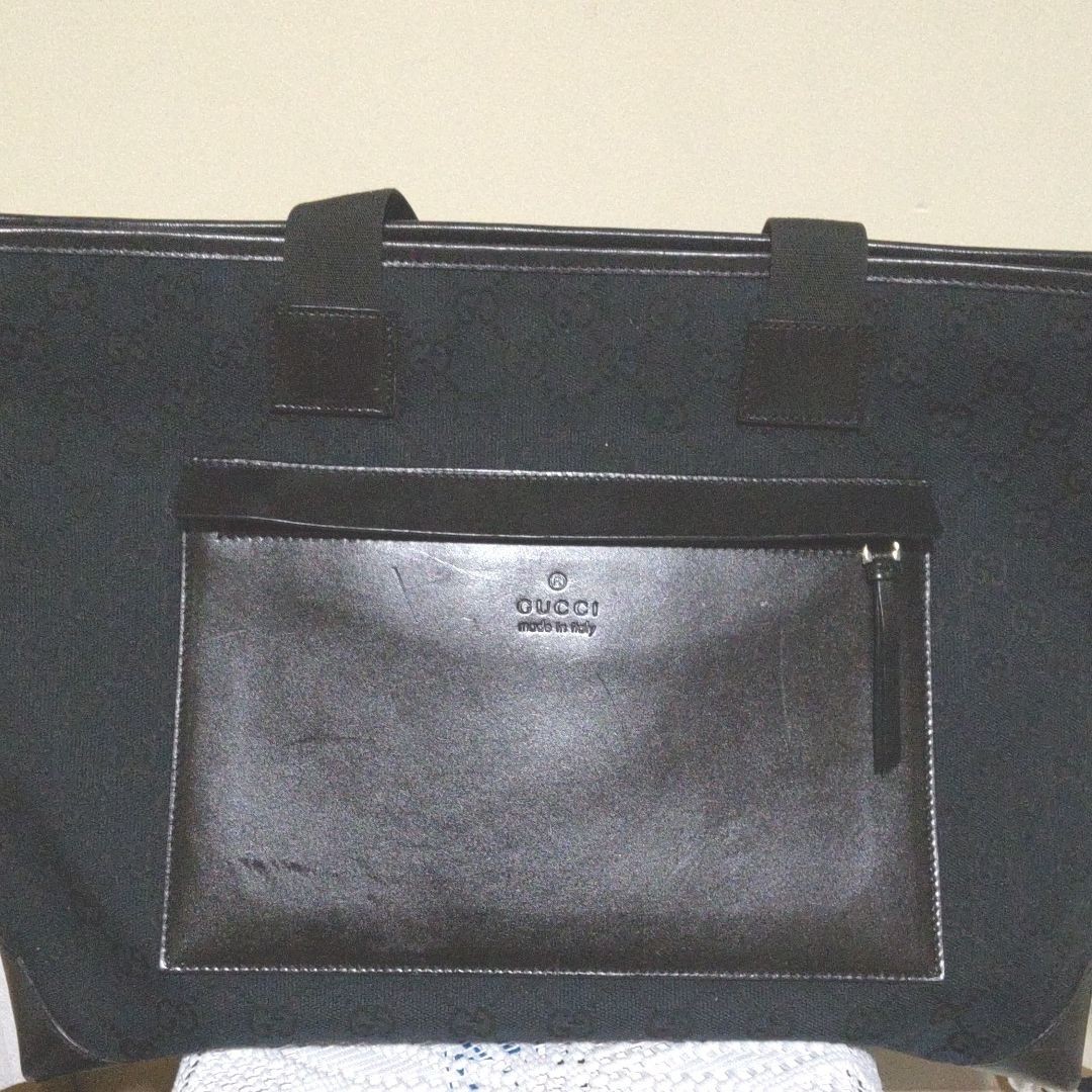 GUCCI Men’s tote bag Black leather canvas Authentic Luxury Designer 37×27×14cm