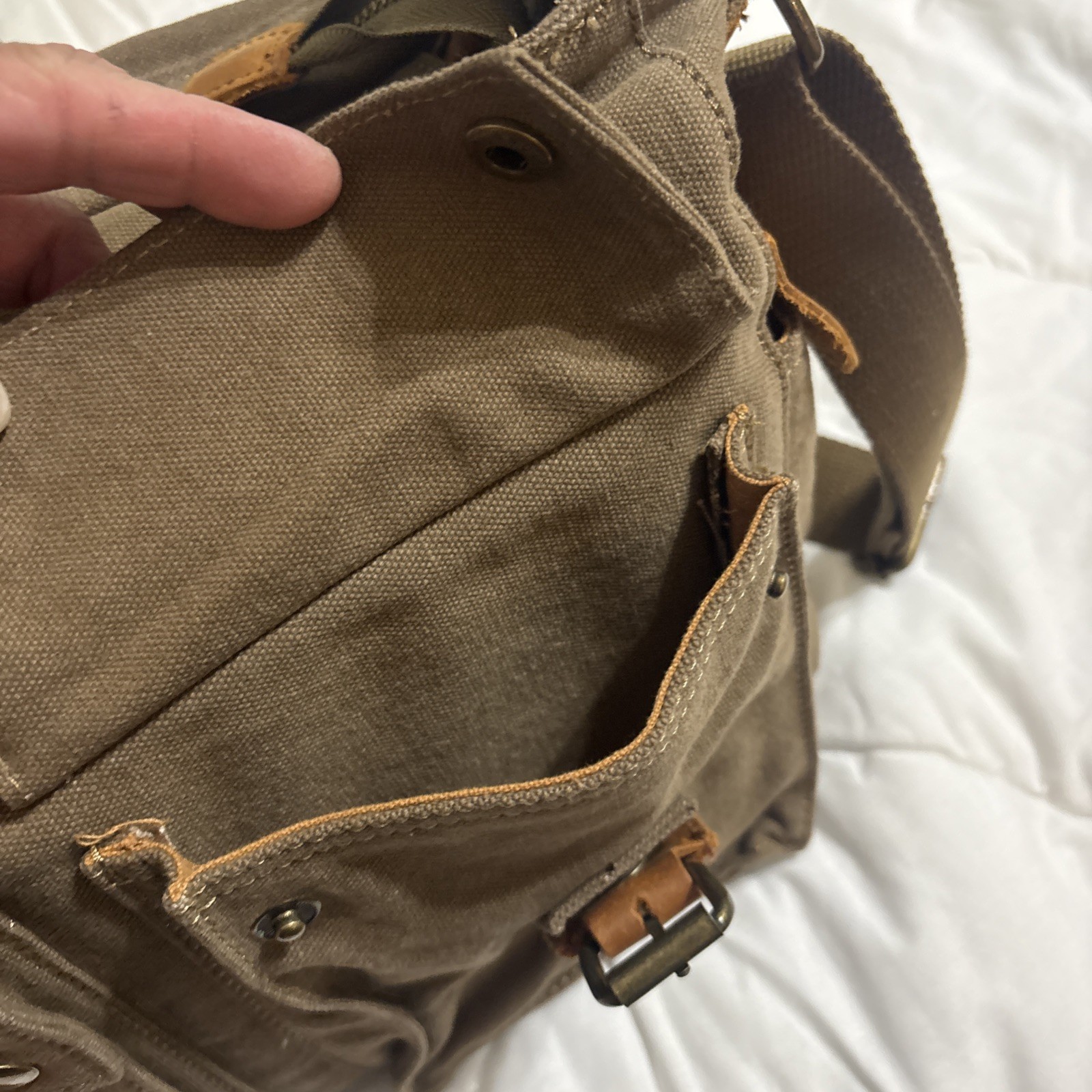 Kattee Canvas Messenger Bag Brown Leather Straps Snap Buckle Zip Adjustable Flap