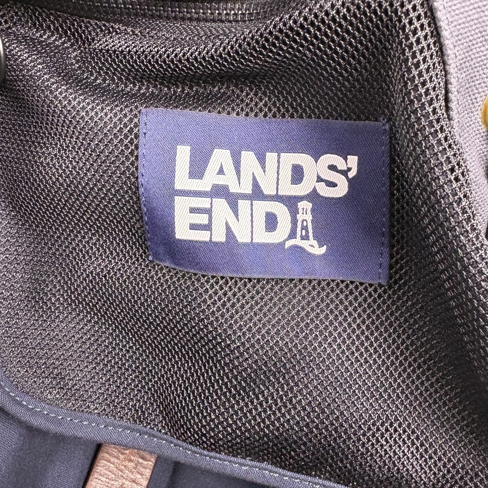 Lands End Waxed Canvas Backpack Navy Blue Leather Straps Padded Outdoors Daypack