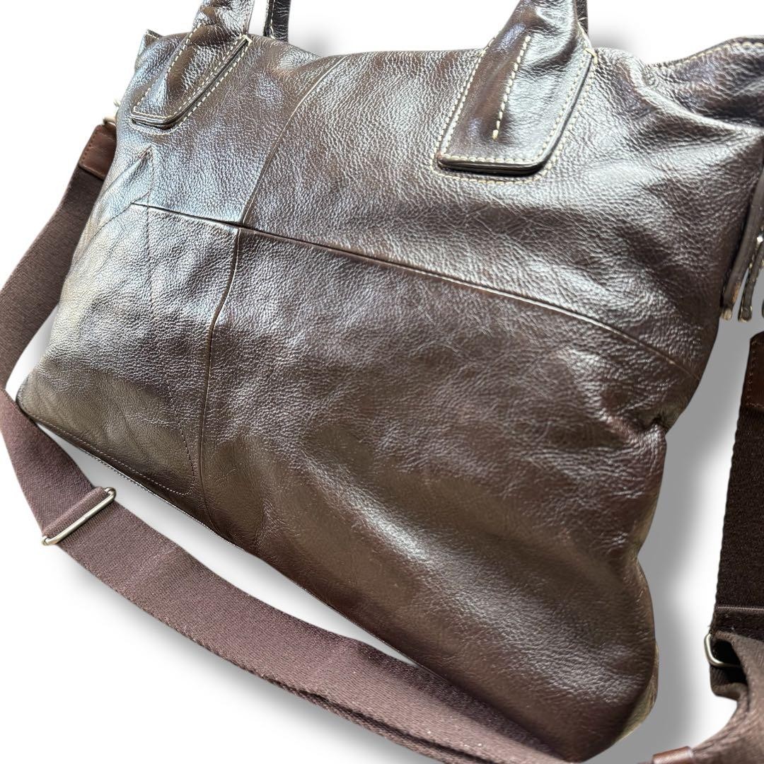 P.I.D Brown Leather Shoulder Bag Business Tote 31x46cm Stylish Authentic
