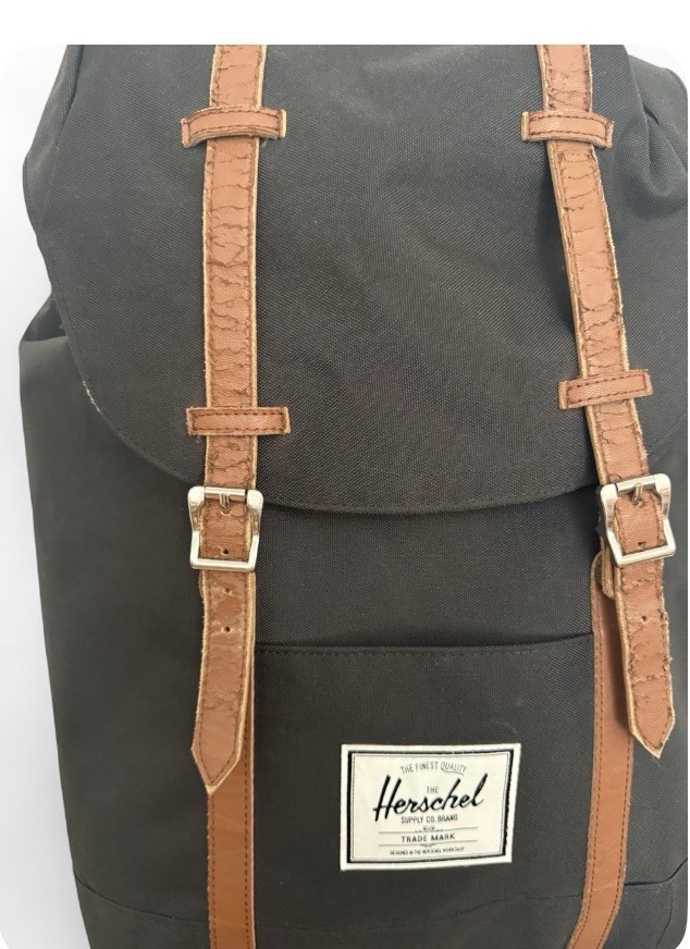 Herschel backpack Black With Brown Straps Red White Stripes Interior