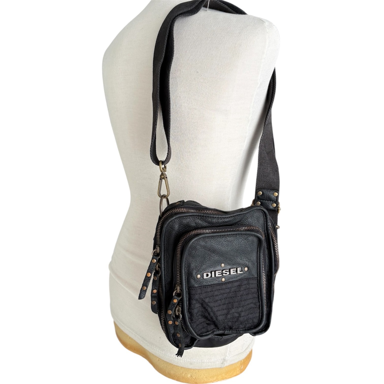 DIESEL Vintage Black Leather Small Crossbody Avant Garde Industrial City Rave