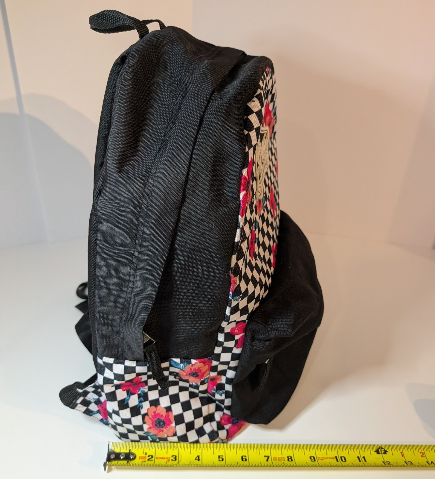 Vans Off The Wall Backpack Black White Checkered Floral with Pink Roses, Daypack