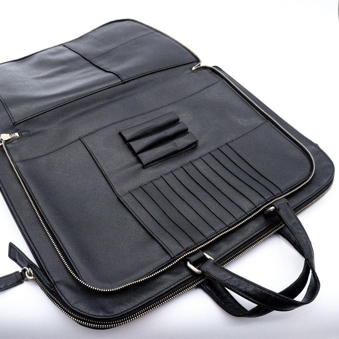 PRADA Saffiano Leather Briefcase Black Business Bag Organizer Silver Hardware