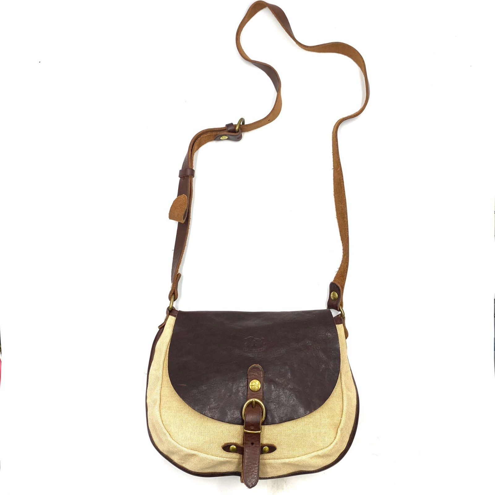 IL BISONTE Authentic Shoulder Bag Crossbody Leather Canvas Brown Beige 19×24cm