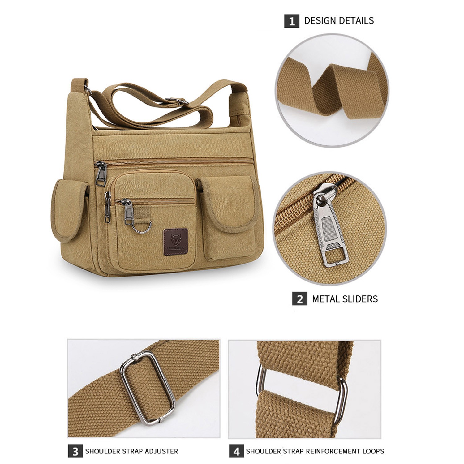 Men’s Canvas Shoulder Crossbody Bag Casual Work Travel Multi-Pocket Satchel