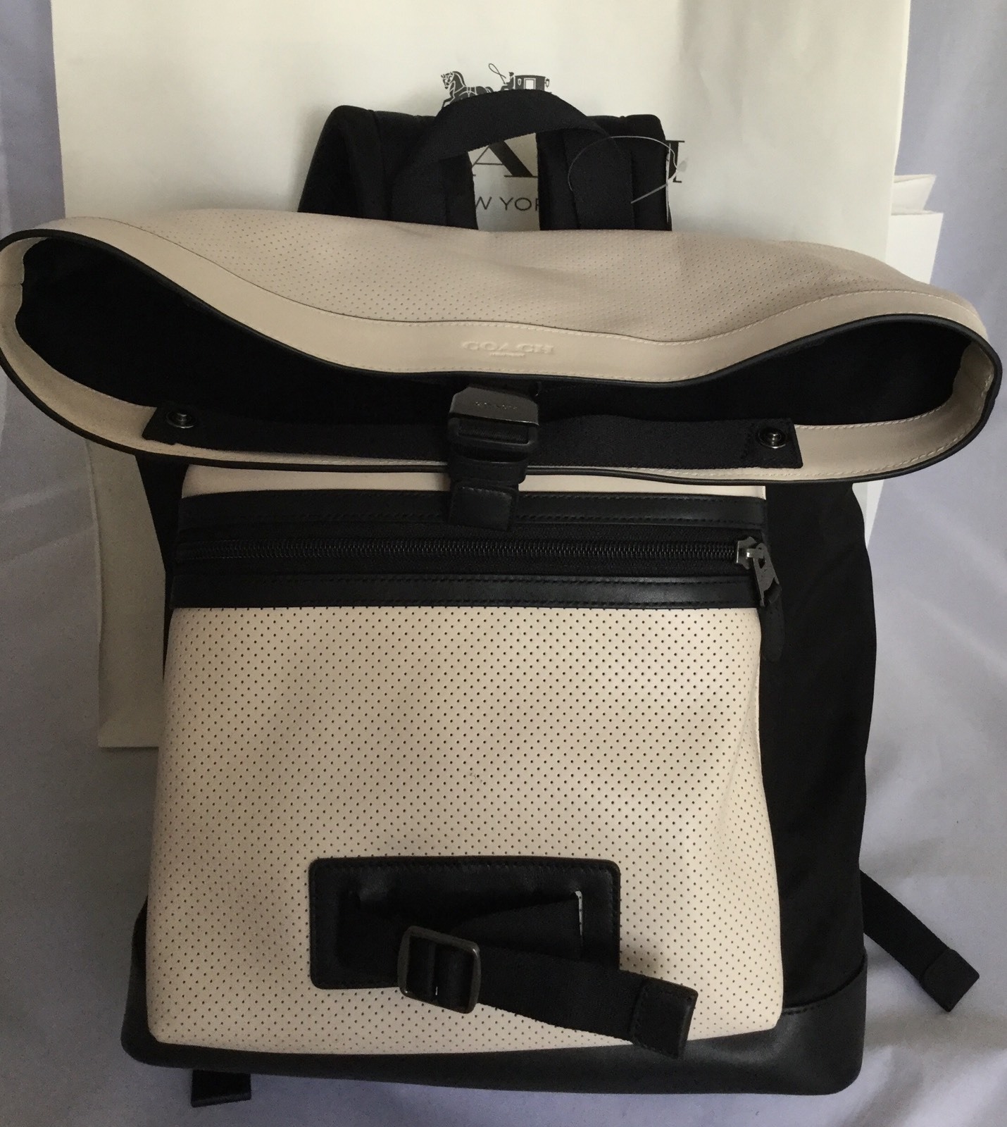 COACH F56662 Explorer Back Pack Perforated Mixed Materials Chalk/Black NWT