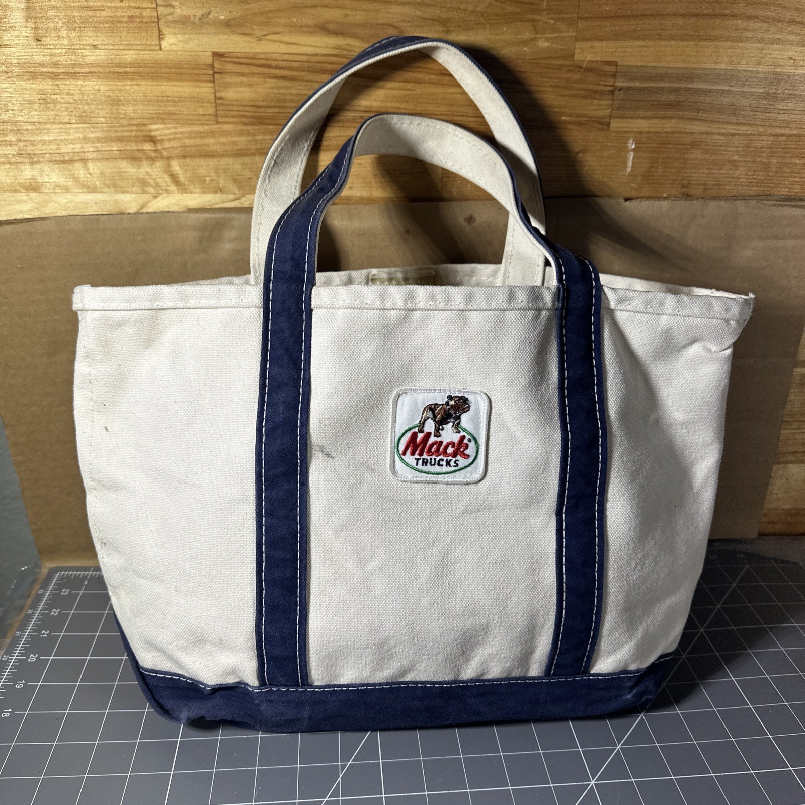 Vintage 1990s LL Bean Mack Trucks Boat & Tote Canvas Bag USA Navy/Ivory 15×11 In