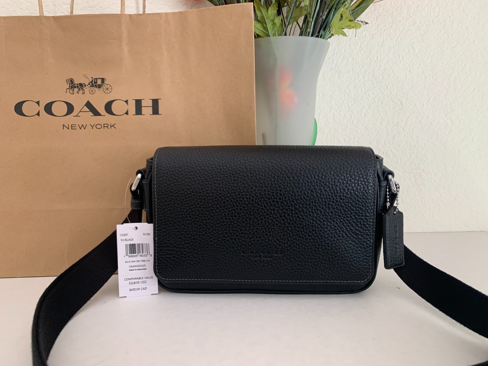 NWT Coach CDZ97 Jack Small Flap Crossbody Bag in Refine Pebble Leather Black