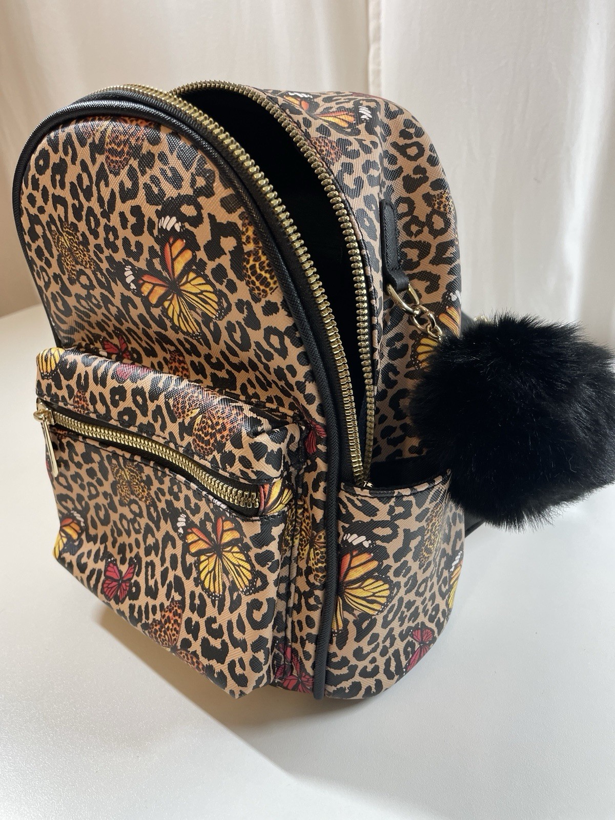 Like Dreams Backpack Purse Leopard Cheetah Butterfly Print Furry Black Bag Charm