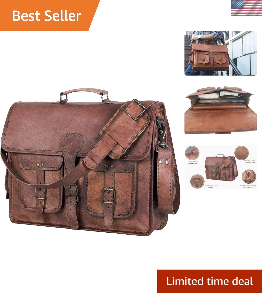 Stylish Leather Briefcase with Adjustable Strap – 18-inch Laptop Messenger
