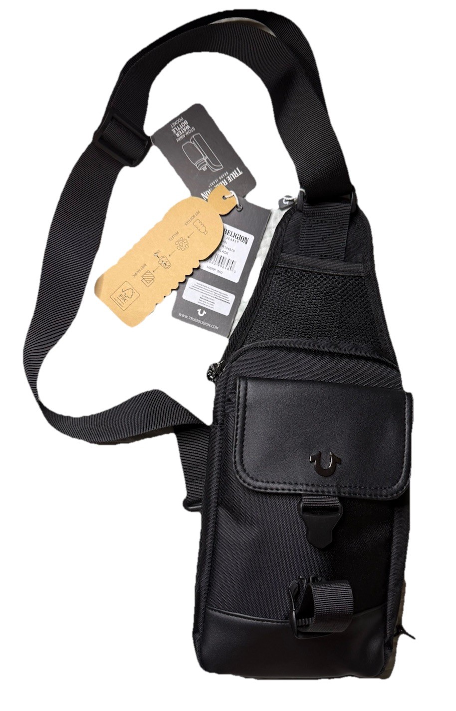 TRUE RELIGION Ivan Black Sling Bag Canvas Faux Leather Luxury BRAND-NEW w/tags