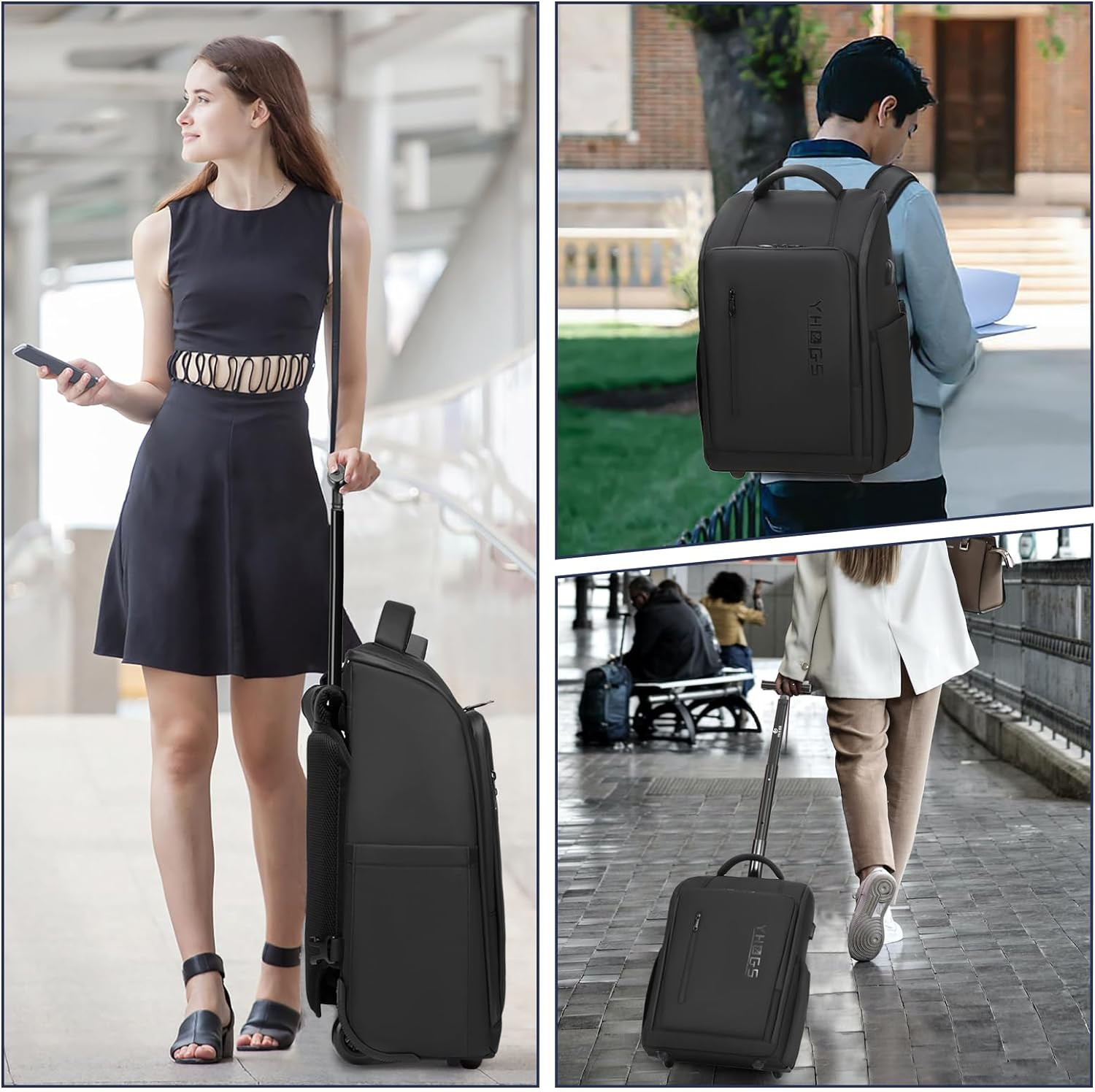 Rolling Backpack with Wheels, Waterproof Wheeled Backpack with USB Ports for Men