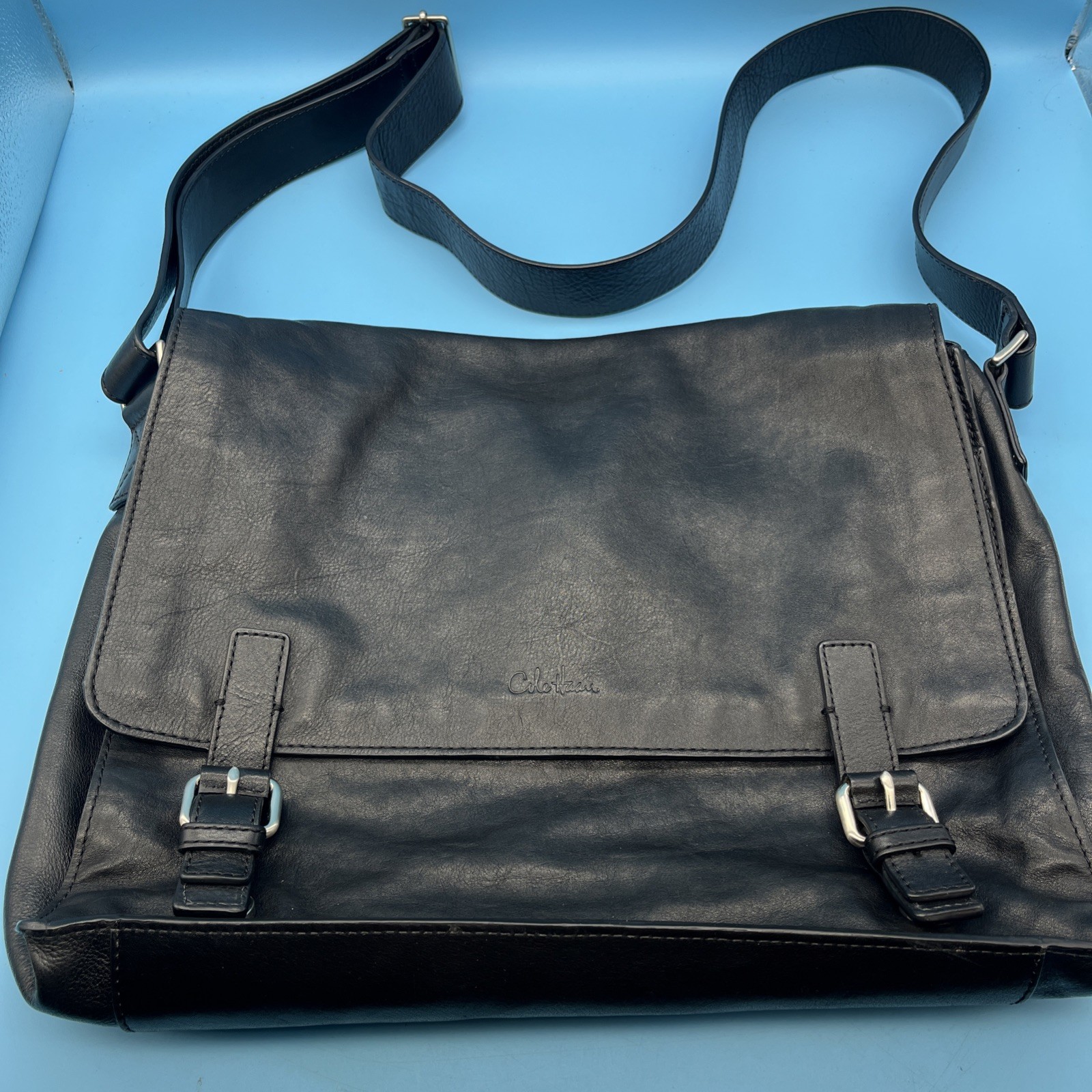 Cole Haan Black Leather Flap Messenger Bag