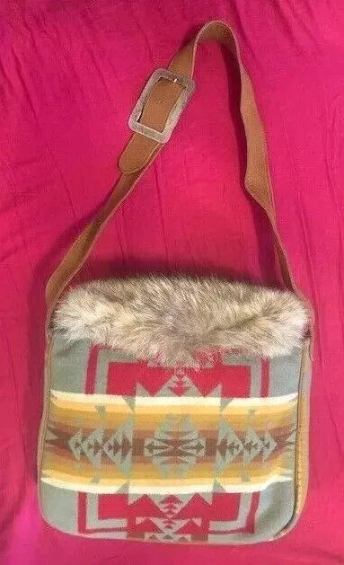 Pendleton Aztec Southwestern Chief Blanket Wool, Leather Fur cross body tote bag