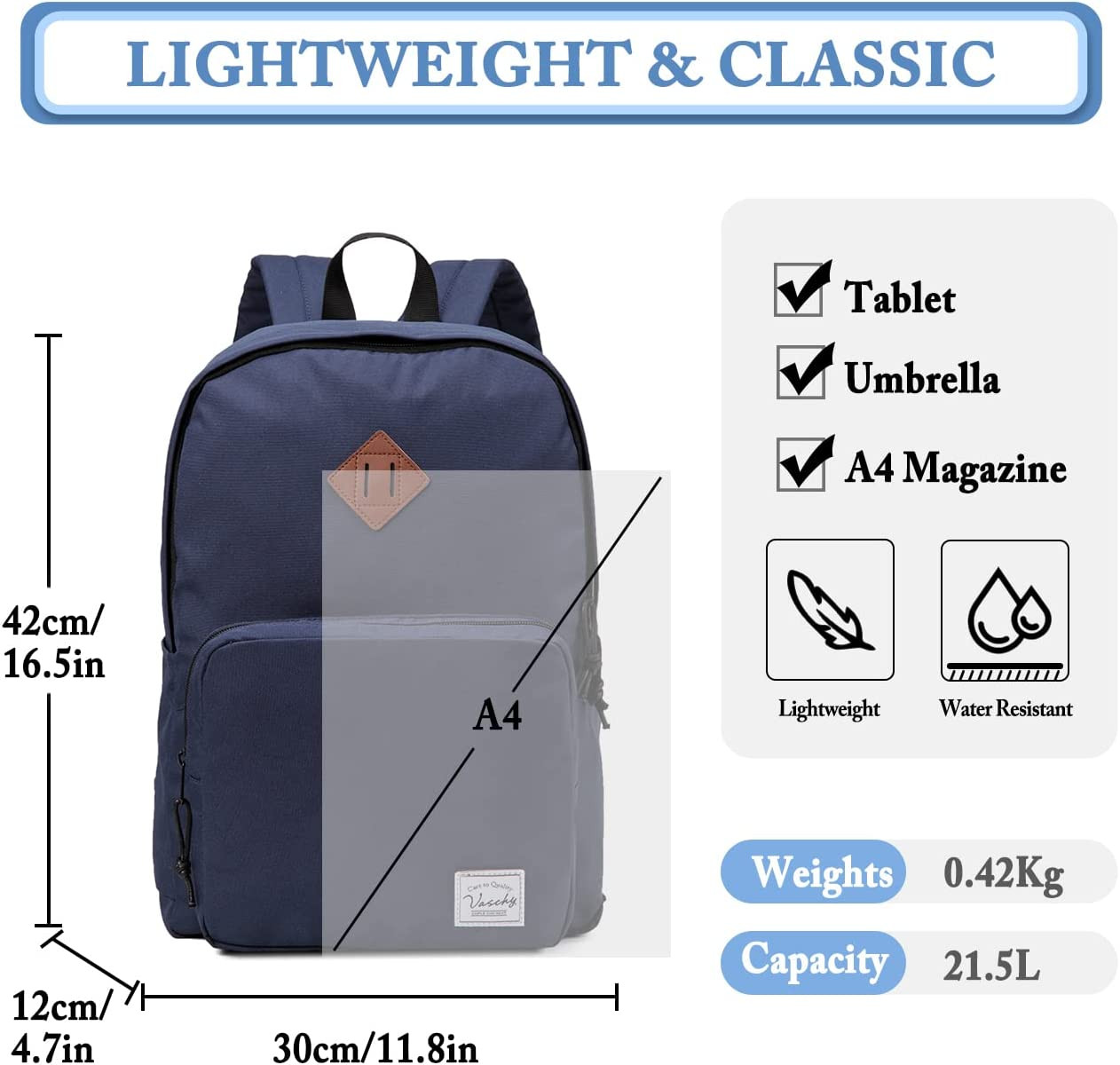 Ultra Lightweight School Backpack for Men Women Bookbag for Kids Boys Girls Navy