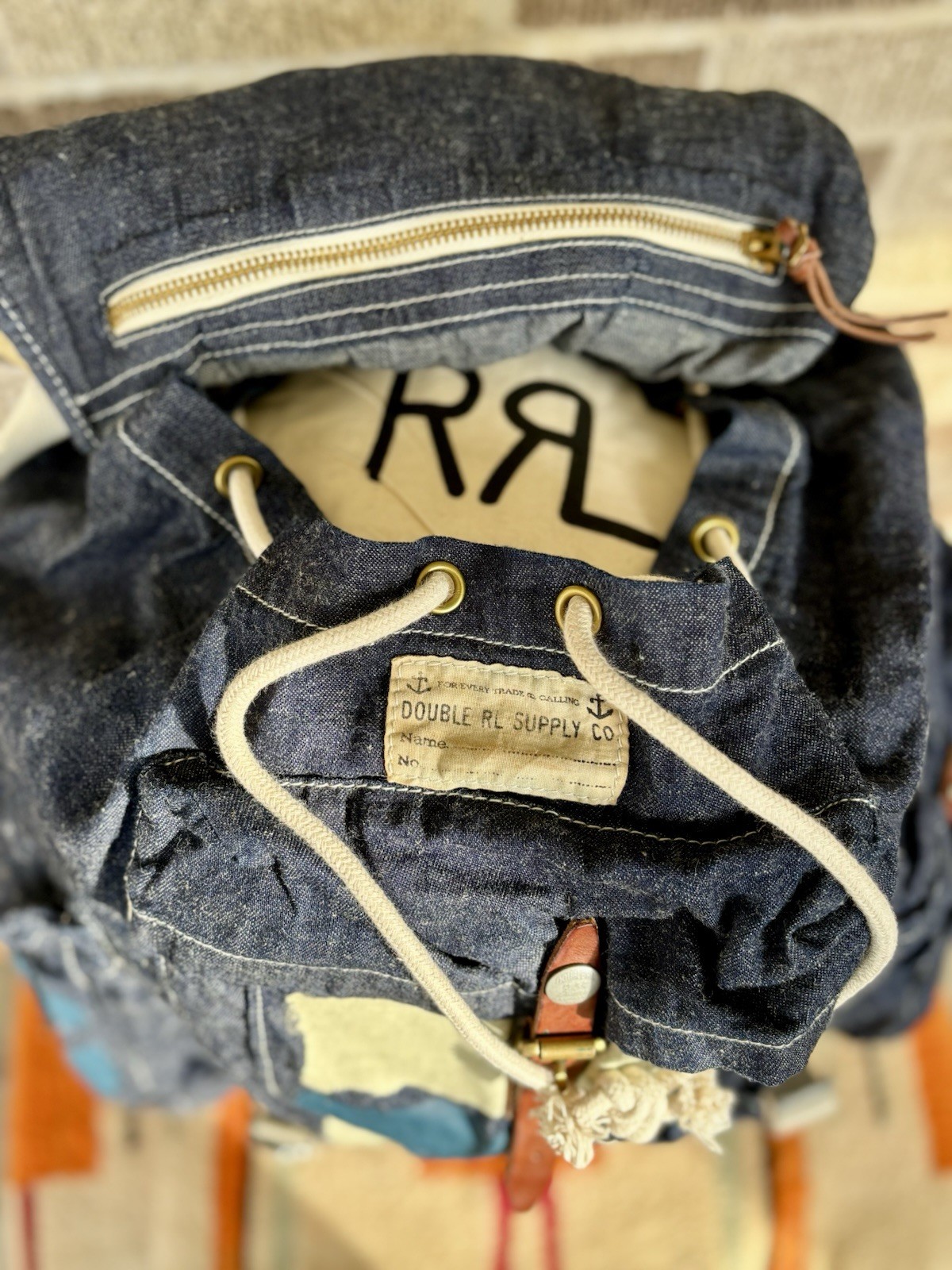 RRL Double RL Denim Patchwork Backpack Men Adjustable Strap Exterior Pockets