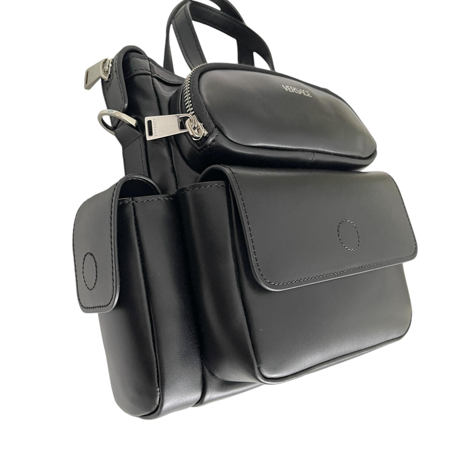 Versace Black Men’s Leather multi-compartment messenger shoulder bag 1012234