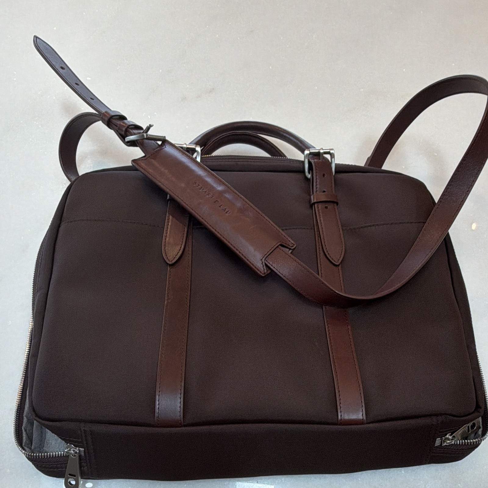 Stuart & Lau Cary Briefcase Slim G2 Brown Leather Trim Minimalist Commuter